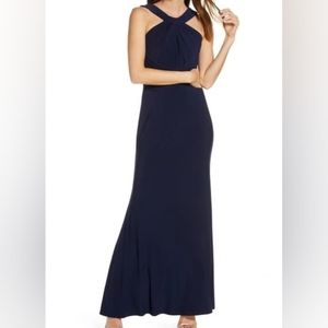 Eliza J shirred halter neckline gown navy blue size 2 NWT $188